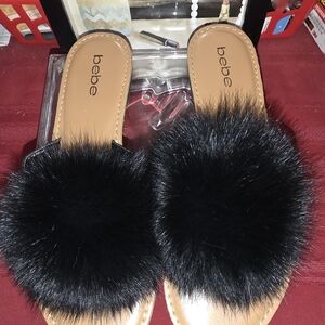 bebe Black Faux Fur Pom Slide Sandals